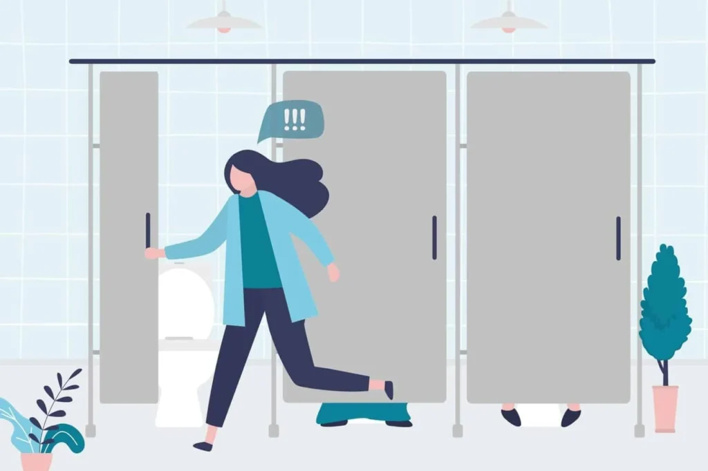 graphic of Urine incontinence North Harrow woman running to the toilet.