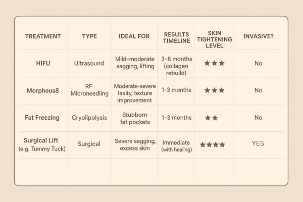 Table showing the comparisons of Skin tightening North Harrow treatment options.